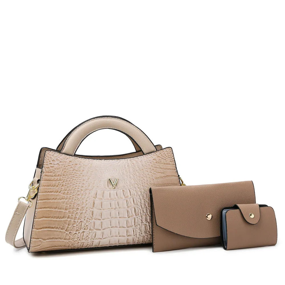 Women's square crossbody bag in crocodile pattern PU leather, showing internal organiser pockets.