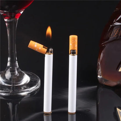Metal cigarette shaped lighter showing exact cigarette scale and compact design