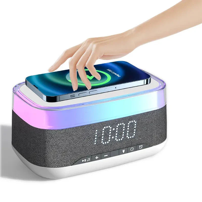 Multifunctional Bluetooth alarm clock with wireless charging, night light, and premium speaker