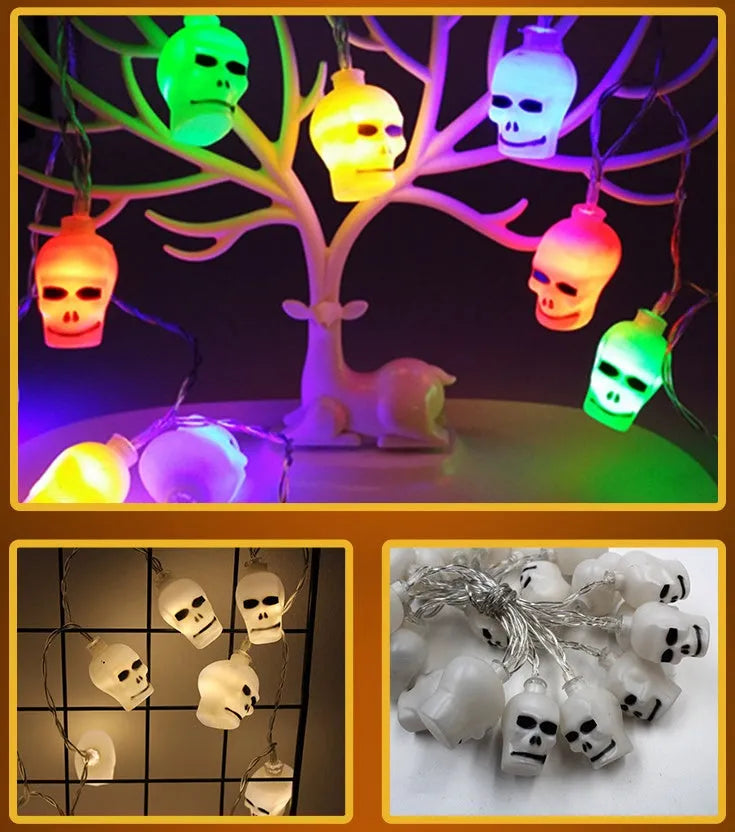 Halloween LED string lights with bat, ghost, and pumpkin pendants on a 1.2 metre white cable.