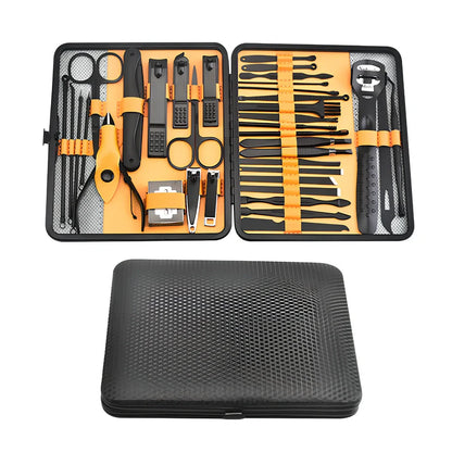 Beauty and manicure nail care kit with stainless steel tools in PU leather case showing multiple grooming implements