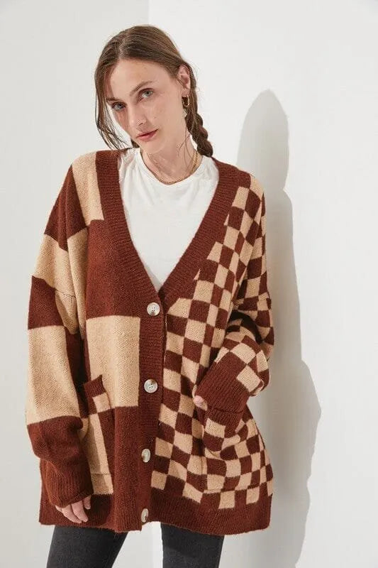 Loose fit knitwear cardigan with printed check pattern in wine red colour showing regular sleeves and slim styling