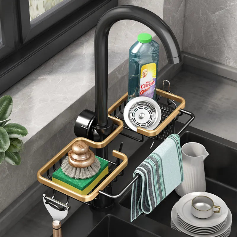 Kitchen Storage Faucet Rack Drain Basket in Space Aluminium, No-Punch Sink Organiser with Towel Bar Options in Silver, Black, Black and Gold Single or Double Styles