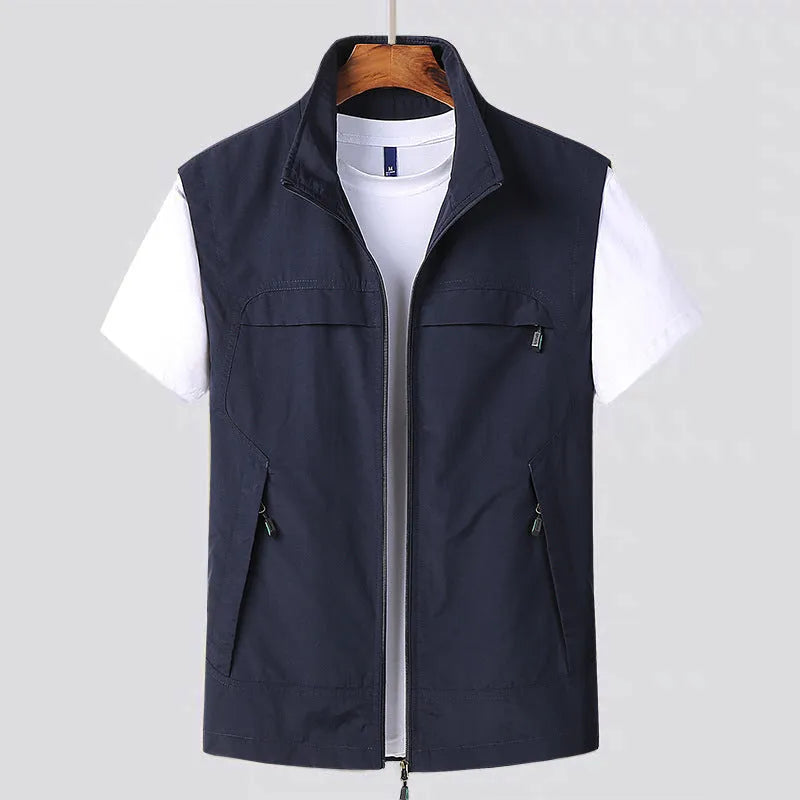 Hooded striped waterproof vest with multiple patch pockets in khaki colour