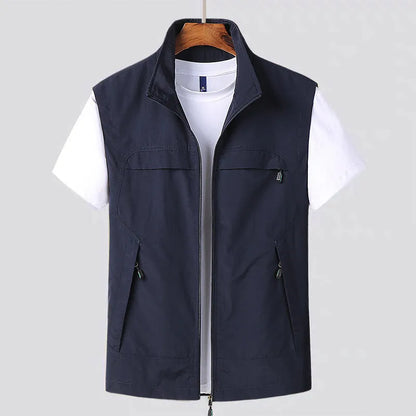 Hooded striped waterproof vest with multiple patch pockets in khaki colour