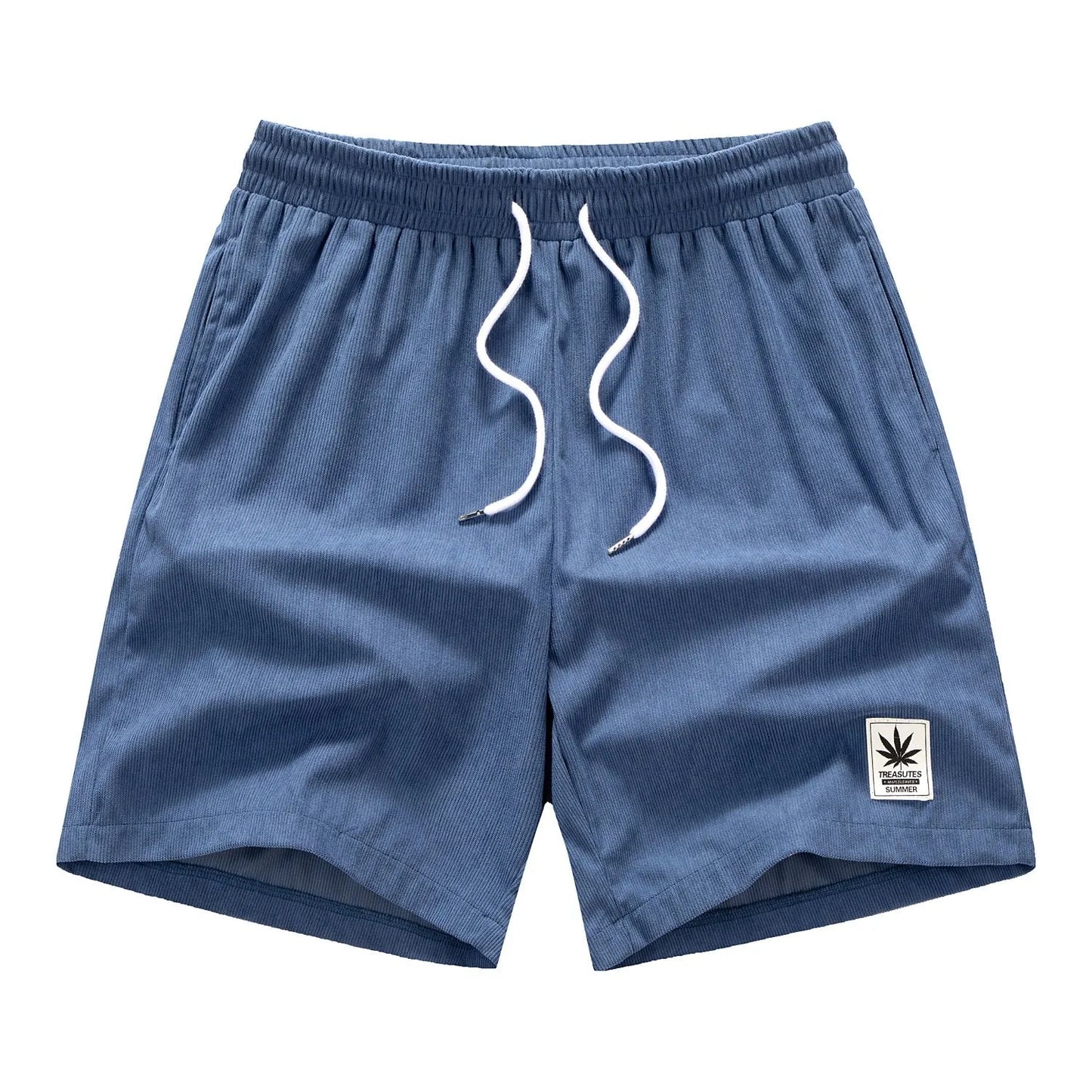 Men's straight-cut drawstring shorts in blue, shown on a model for summer casual wear.