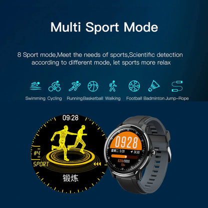 Green square multi-sport smart watch with touch screen and heart rate monitor on a wrist.