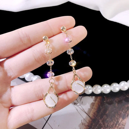 Crystal opal earrings with water drop design and electroplating finish