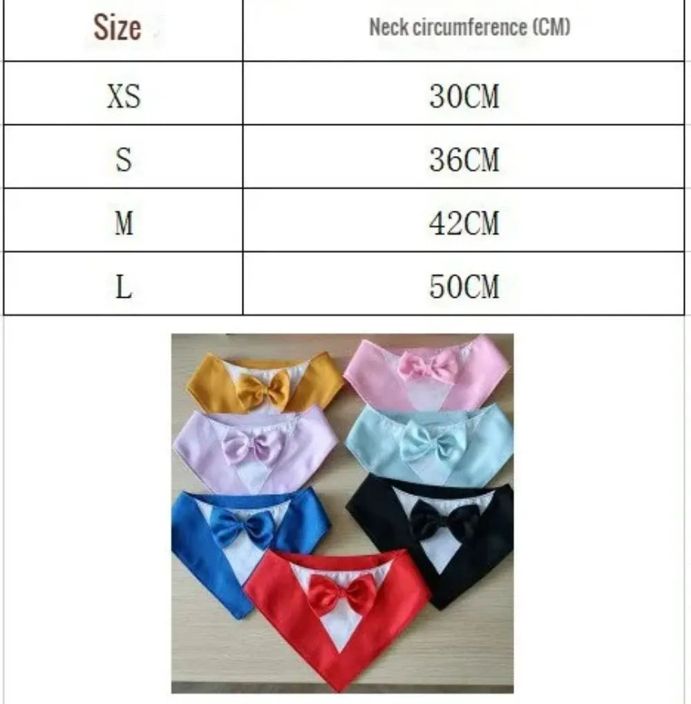 Triangular pet bib with bow detail in assorted colours, shown on a dog as a scarf and drool towel.