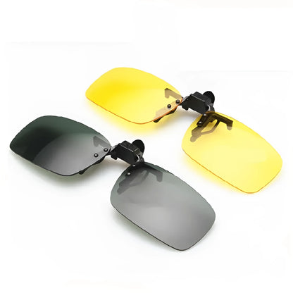 Clip-on sunglasses for prescription glasses in PC material, shown in large and small sizes with different coloured lenses.
