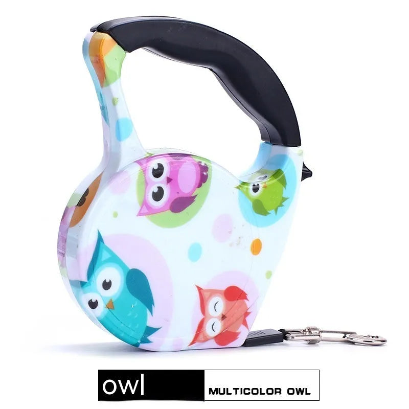 Automatic retractable dog leash, 5 m long, 1 cm wide, plastic, in a choice of printed designs