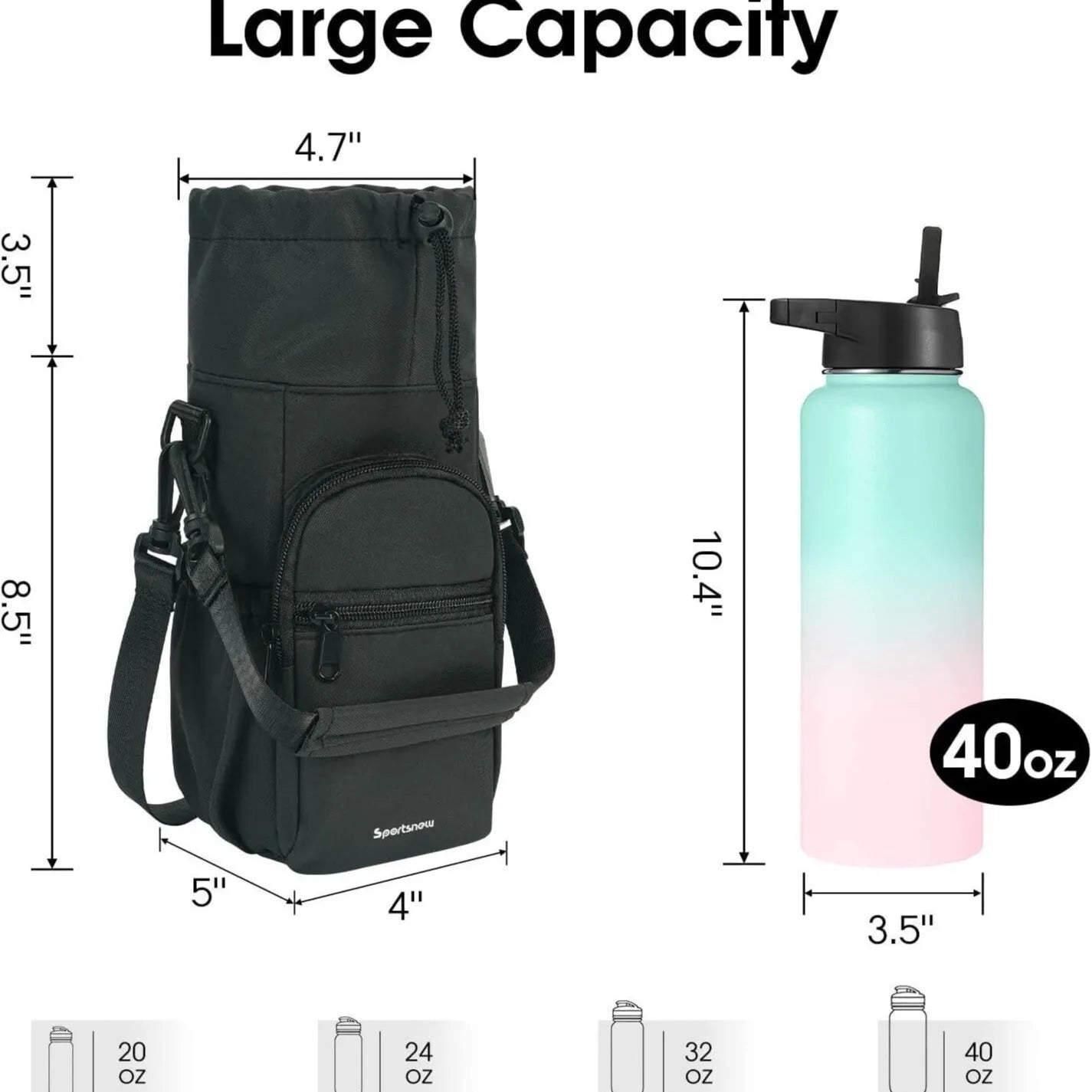 Black cloth crossbody water bottle pouch bag holding a reusable flask.