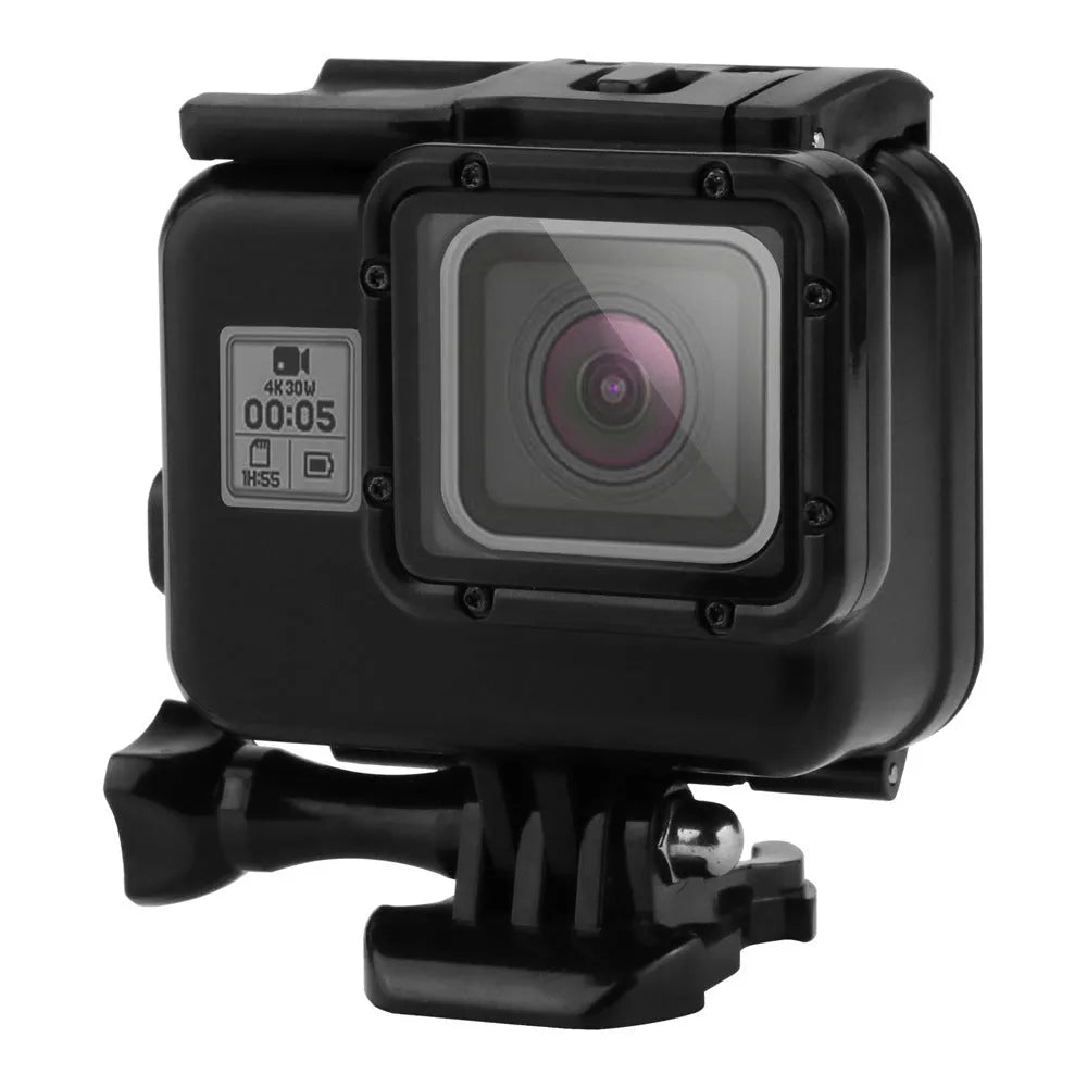 White waterproof sports camera next to its waterproof case and mounting accessory.