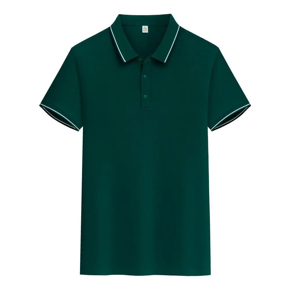 Men's pure cotton short sleeve polo shirt with lapels in a range of colours on a hanger.