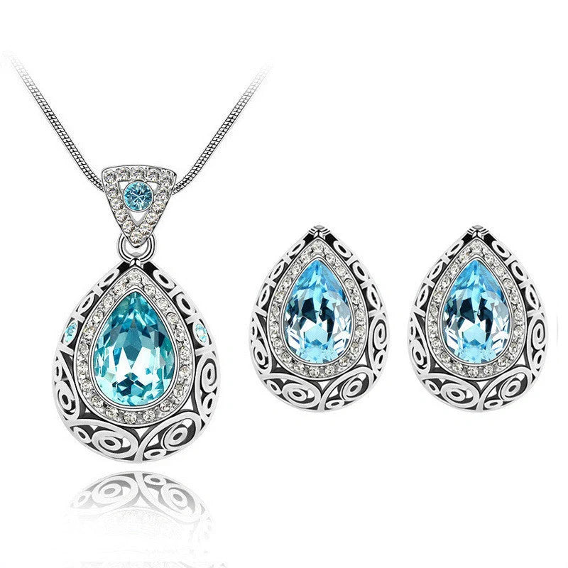 Austria crystal guard water droplet necklace with adjustable snake bone chain and matching earrings