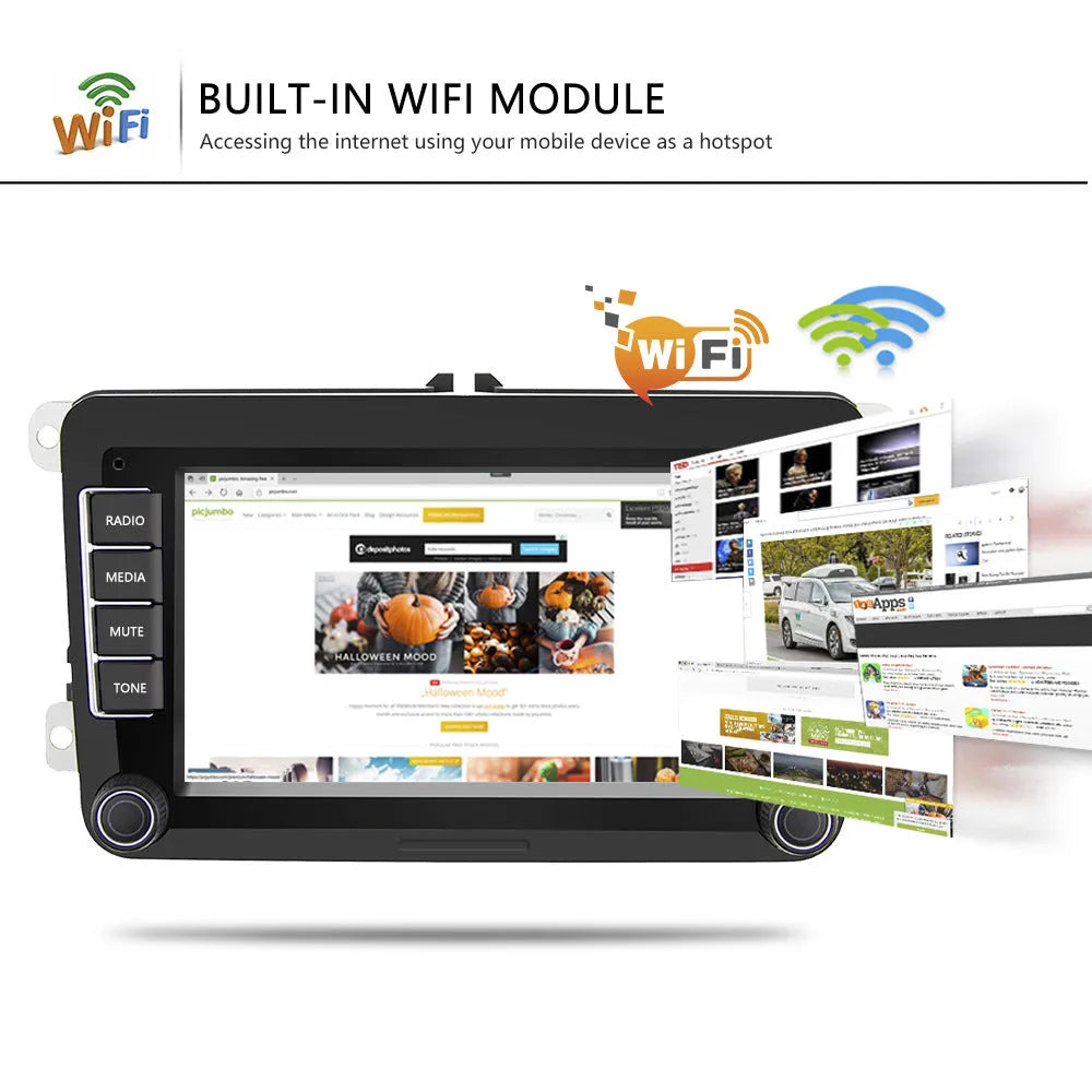 Universal 7-inch Android car stereo touchscreen for Volkswagen vehicles on a dashboard
