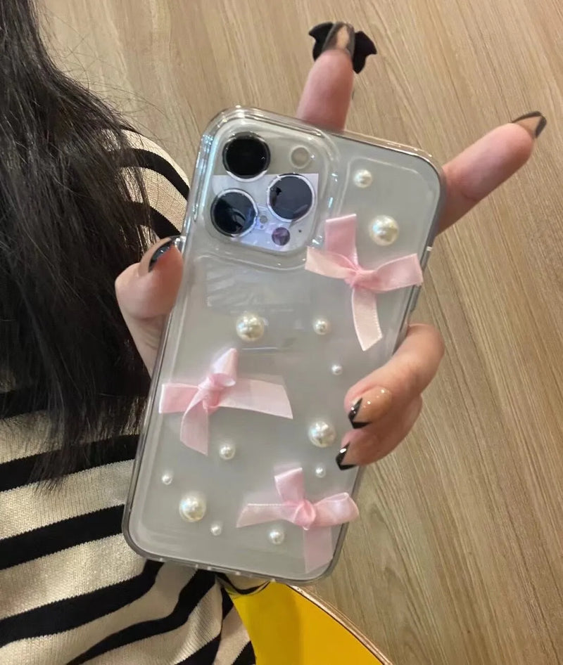 Transparent Three-Dimensional Pearl Bow Phone Case in TPU with Anti-Fall Protection, Colour-Matching DIY Style, All-Inclusive Design for iPhone 11, 12, 13, 14 and 15 Series Including Pro and Pro Max Models