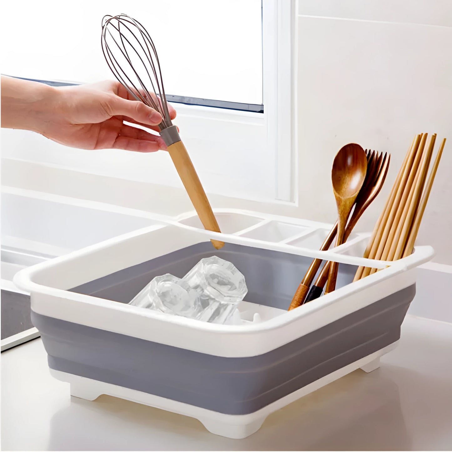 Off-white foldable kitchen dish drainer drying rack for tableware and produce storage