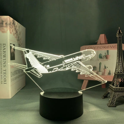 Custom 3D aeroplane hologram night light with personalised name, showing optical acrylic panel and ABS base