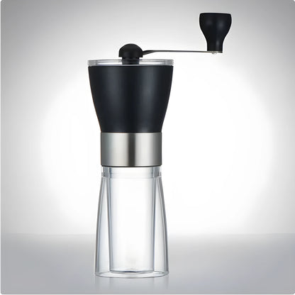 Hand-operated ceramic burr coffee grinder and pepper mill with compact 6cm diameter design.
