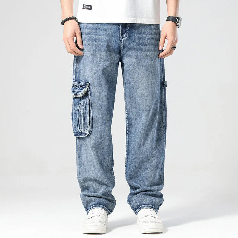 Men's high-waisted loose denim trousers with multiple pockets showing straight leg opening