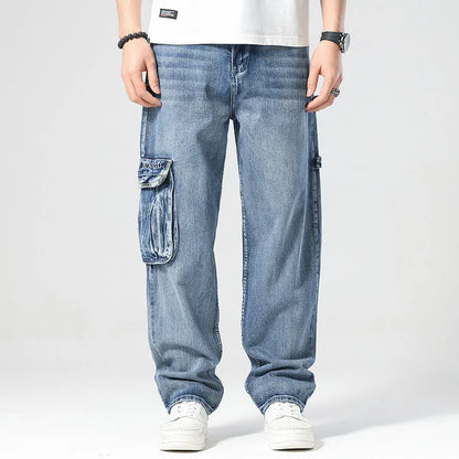Men's high-waisted loose denim trousers with multiple pockets showing straight leg opening