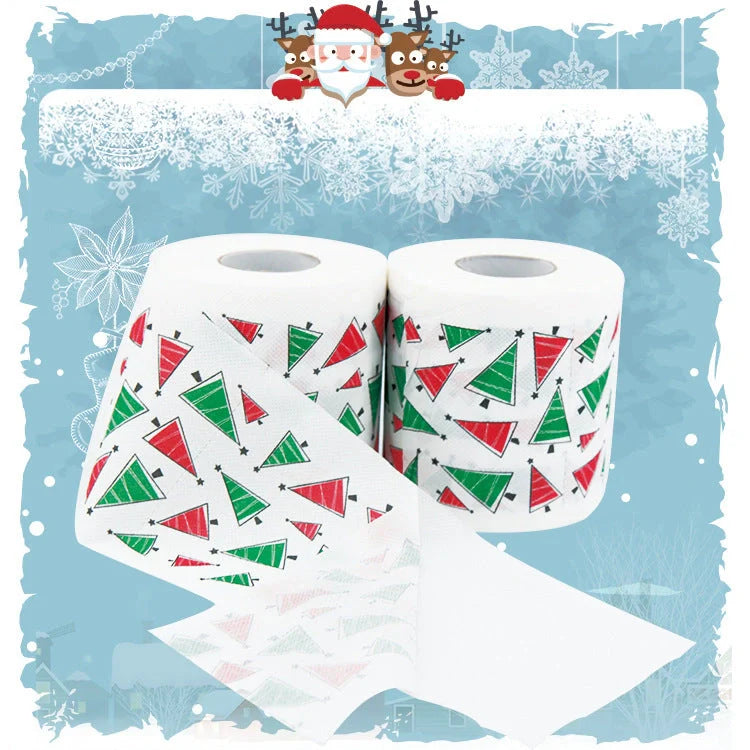 Christmas-themed toilet paper roll with Santa Claus and holiday designs