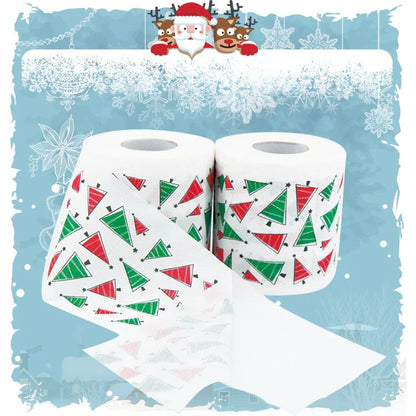 Christmas-themed toilet paper roll with Santa Claus and holiday designs