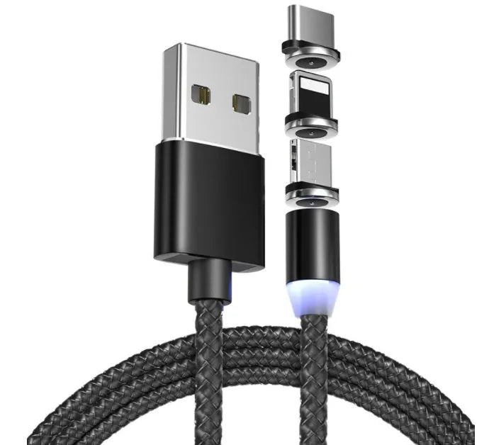 Black magnetic charging cable with connectors for Android, Type C, and Apple devices on a white background