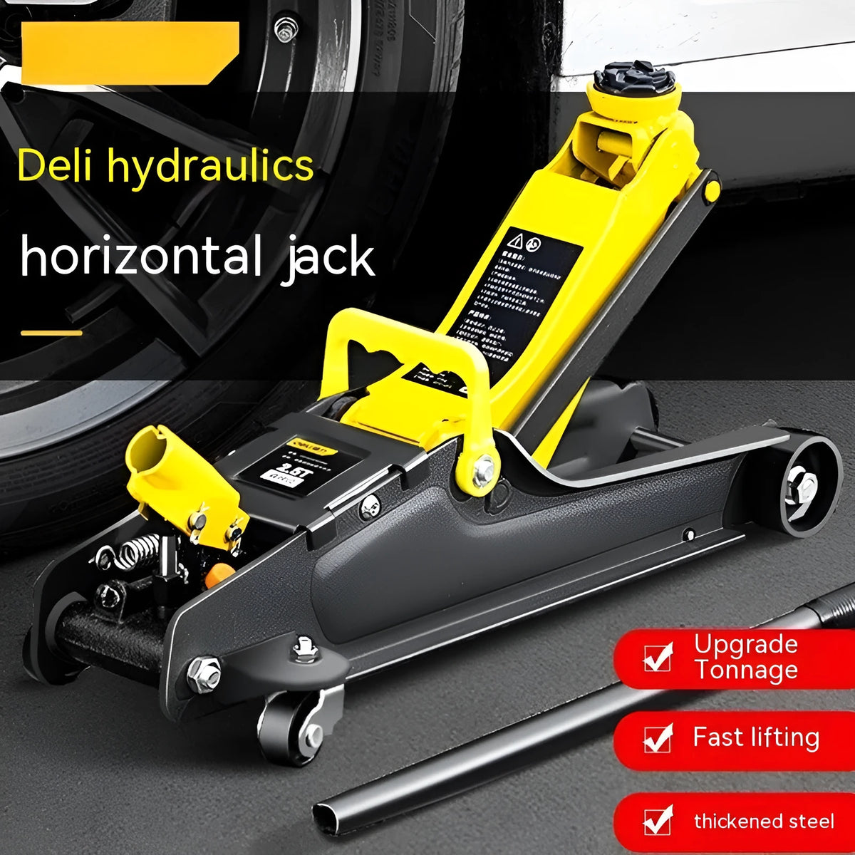Horizontal hydraulic trolley jack for car tyre changes with low profile design and handle