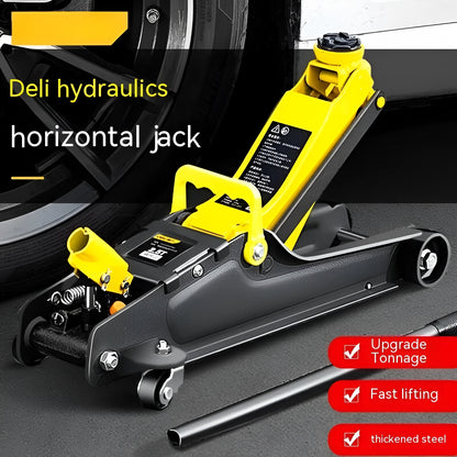Horizontal hydraulic trolley jack for car tyre changes with low profile design and handle