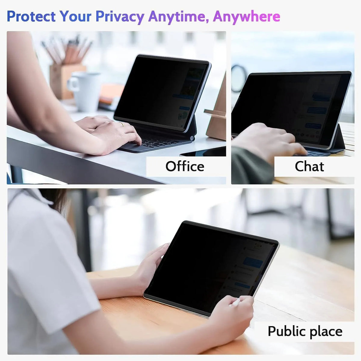 Magnetic suction anti-peeping film on iPad screen with storage clip, showing privacy protection and PET material clarity