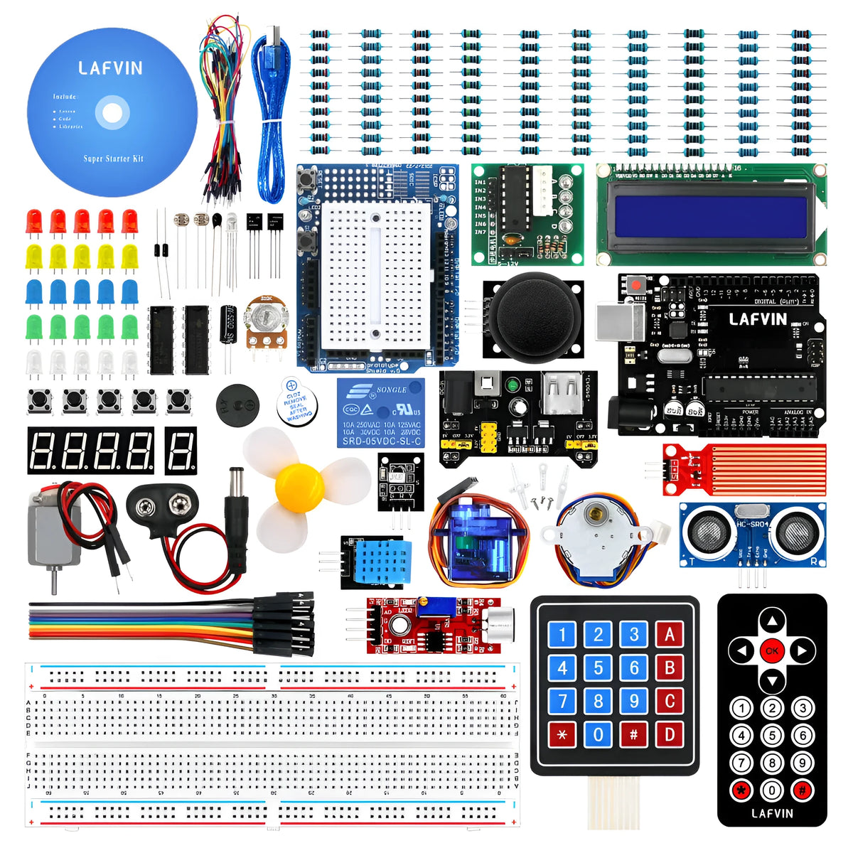 LAFVIN Arduino UNO R3 Super Starter Kit with blue board, components, breadboard, and CD.