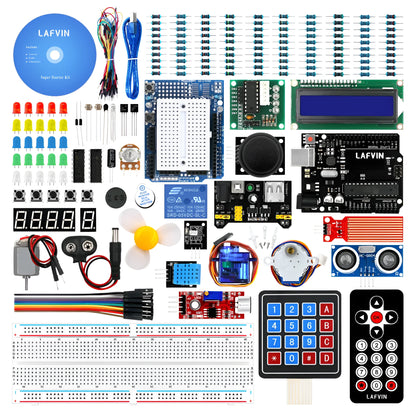 LAFVIN Arduino UNO R3 Super Starter Kit with blue board, components, breadboard, and CD.