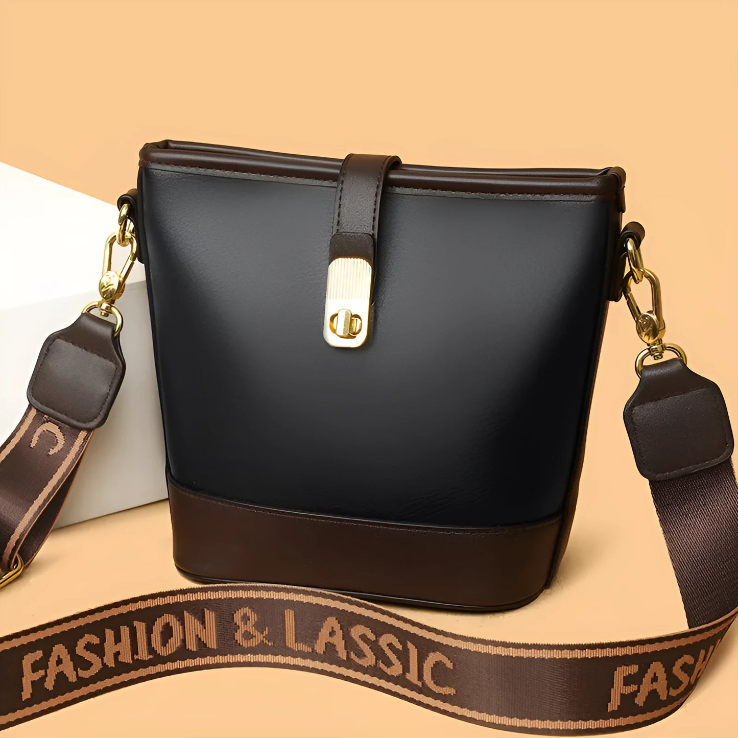 Soft black PU leather Korean style bucket bag with double shoulder straps and external pocket