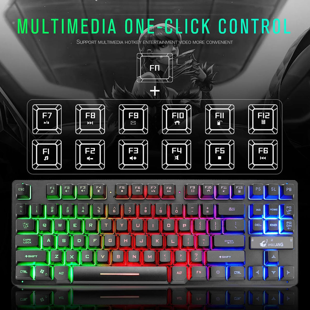 Black 87-key USB wired mechanical gaming keyboard, 36.5cm x 13.5cm x 3cm, with 1.5m cable