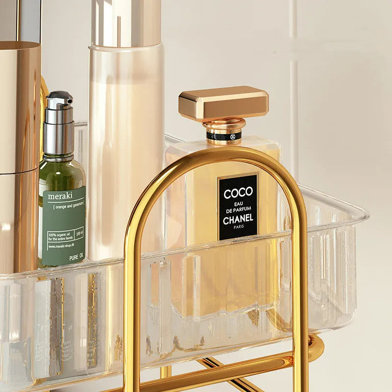 Iron and PET plastic wall-mounted cosmetic shelf in a choice of transparent, amber, or light green, dimensions 30.5x20x35.5cm.