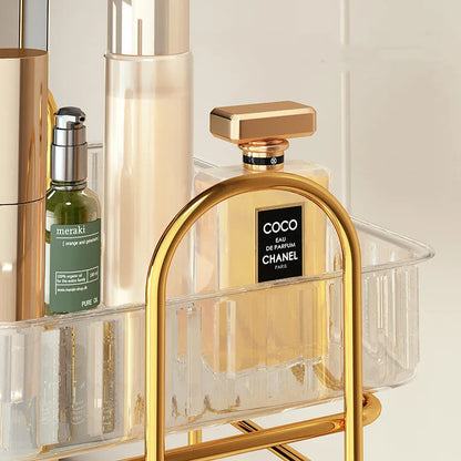 Iron and PET plastic wall-mounted cosmetic shelf in a choice of transparent, amber, or light green, dimensions 30.5x20x35.5cm.