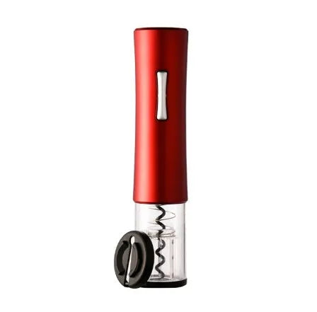 Black electric wine opener with transparent cover and aluminum foil cutter on wooden table