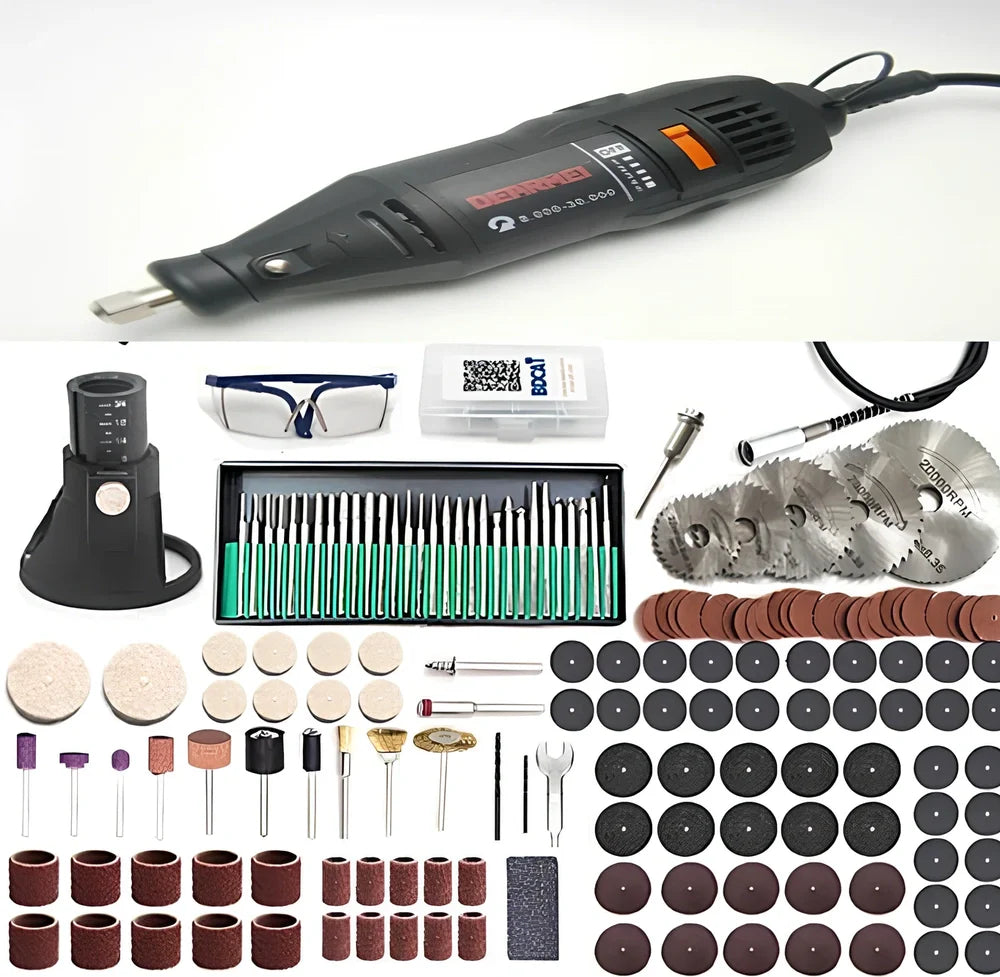 Black 180W electric Dremel drill with 186 accessory pieces including grinding heads and maintenance tools