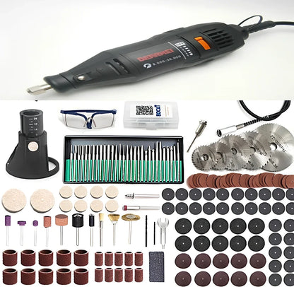 Black 180W electric Dremel drill with 186 accessory pieces including grinding heads and maintenance tools