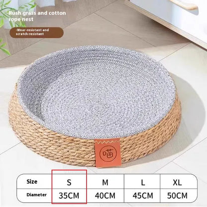 Rattan cat nest bed cage showing woven construction and elevated design for feline sleeping comfort