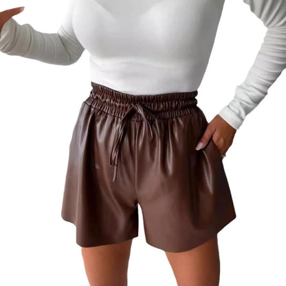 Women's black wide-leg casual shorts with a front drawstring lace detail and PU leather trim.