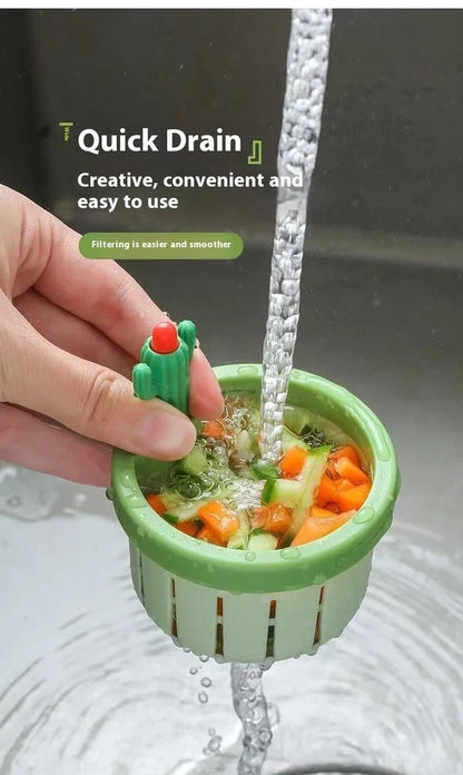 Green cactus-shaped PP sink filter basket with widened gasket on kitchen drain, 10cm height