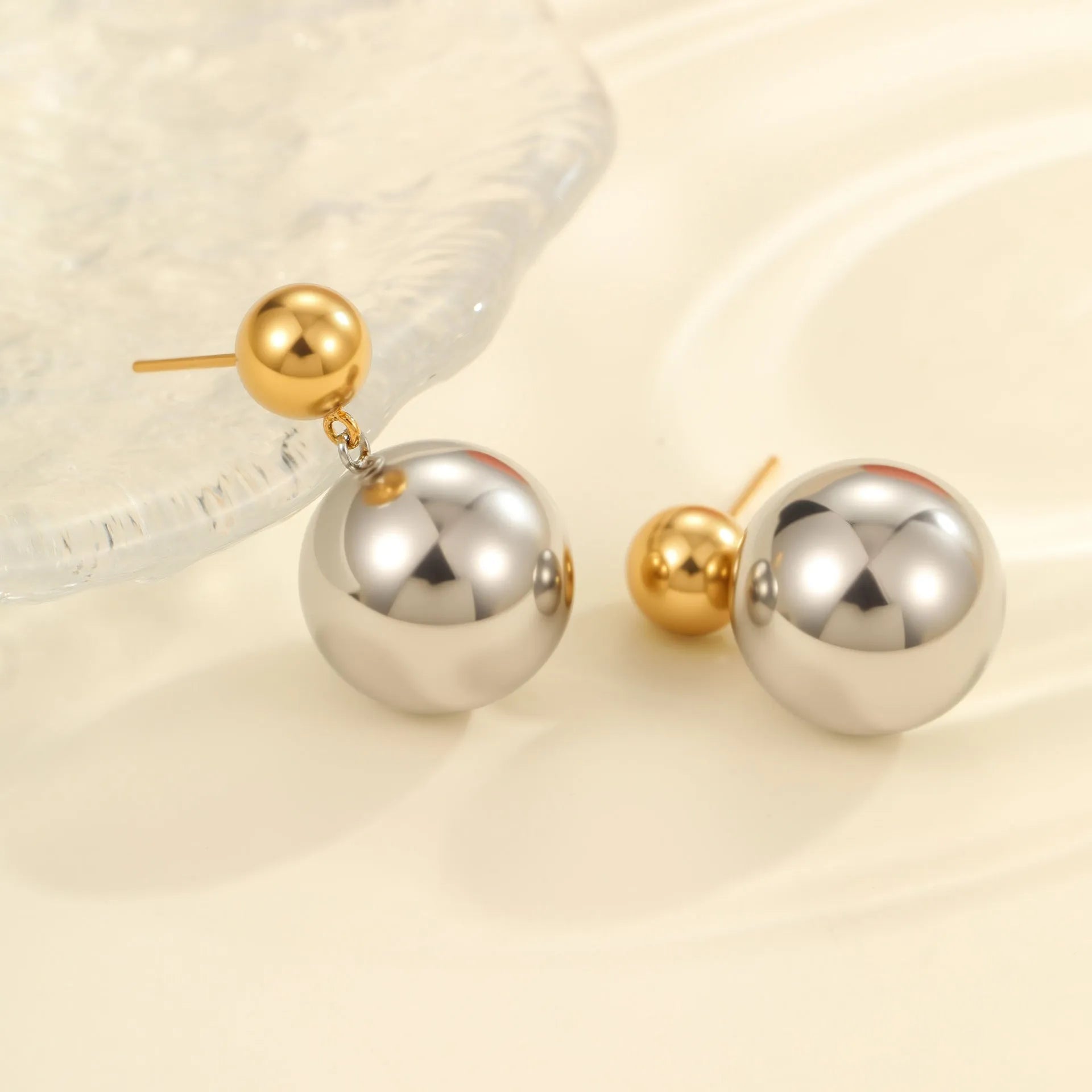 Round beads geometric ear studs with colour-block design and 18K gold electroplated finish