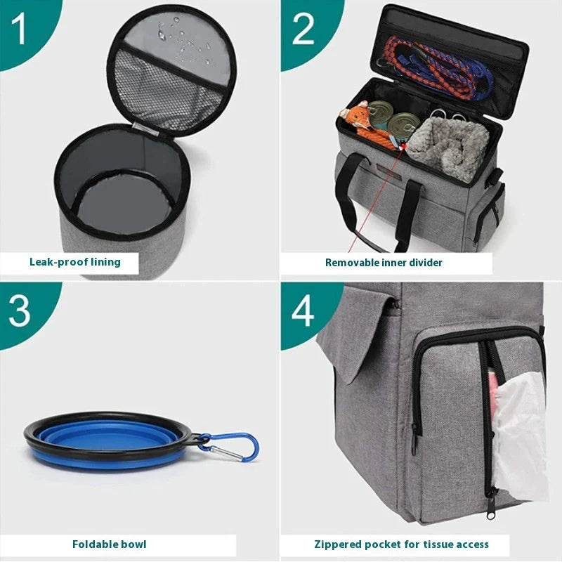 Gray dog travel bag kit with removable divider and multiple carrying options