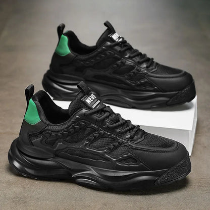 Men's solid colour breathable mesh casual shoes with round toe, shown in white and black.
