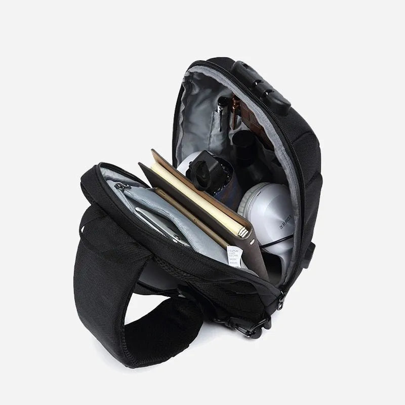 Anti-theft USB chest bag in Oxford cloth with zip closure, square vertical section, and polyester lining, shown in dark blue.