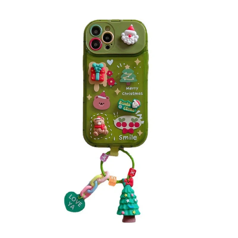 Festive Christmas Santa Claus Elk Hat Pendant Flip Phone Case for iPhone in rose red and green