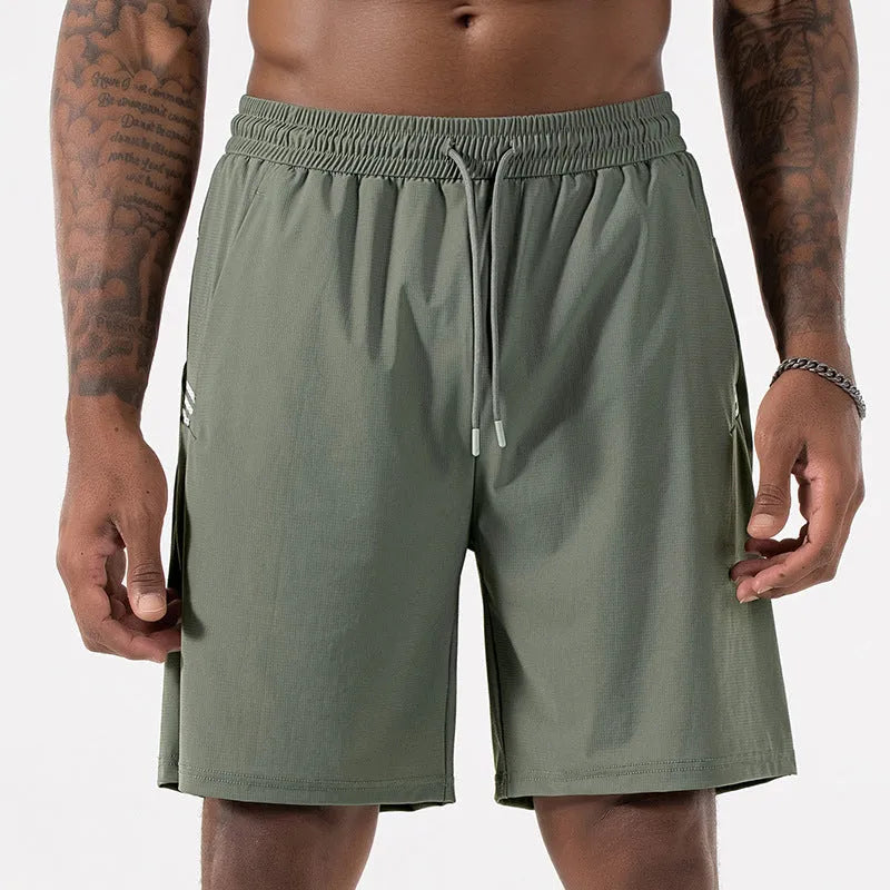 Men's black Ice Silk quick-drying sports shorts with high waist and drawstring.